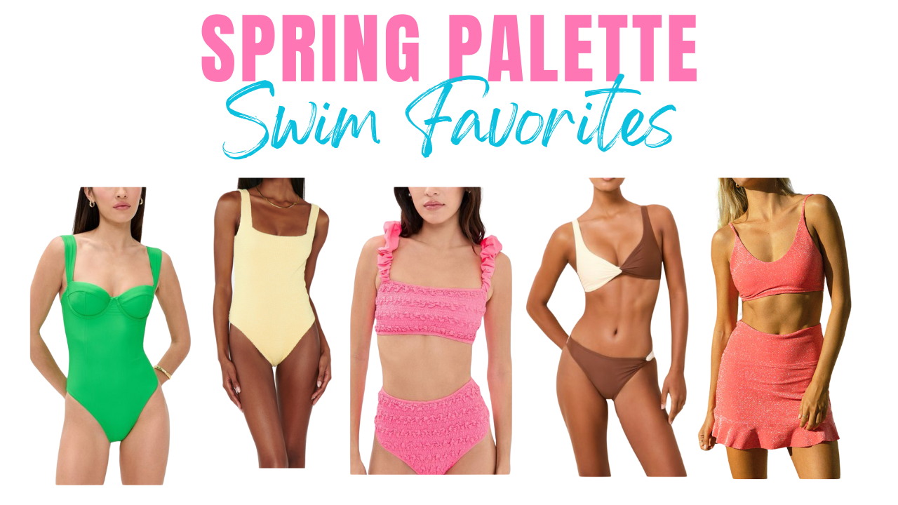 leaf green one piece, canary yellow, corn yellow one piece, flamingo pink ruffle swimsuit , cream bikini, geranium pink swim skirt