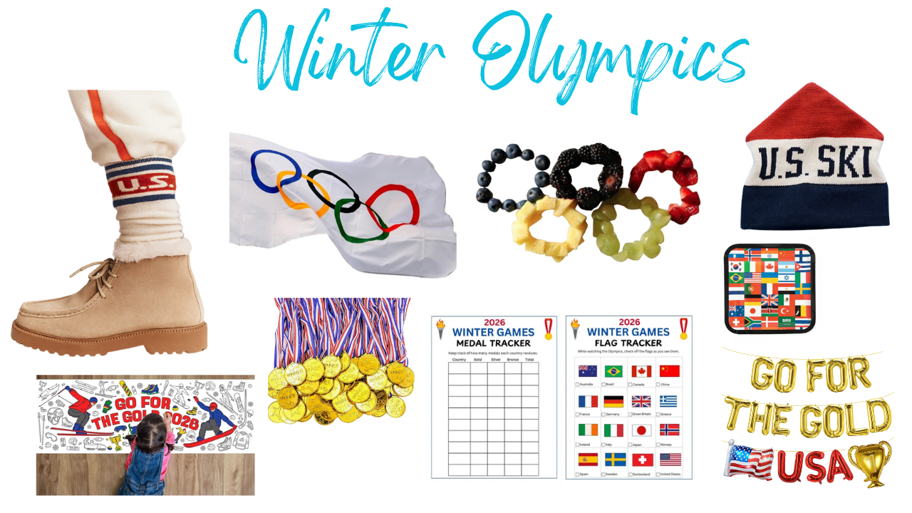Winter Olympics 2026 ideas for kids, decor, fruit shaped like olympic rings, USA beanie