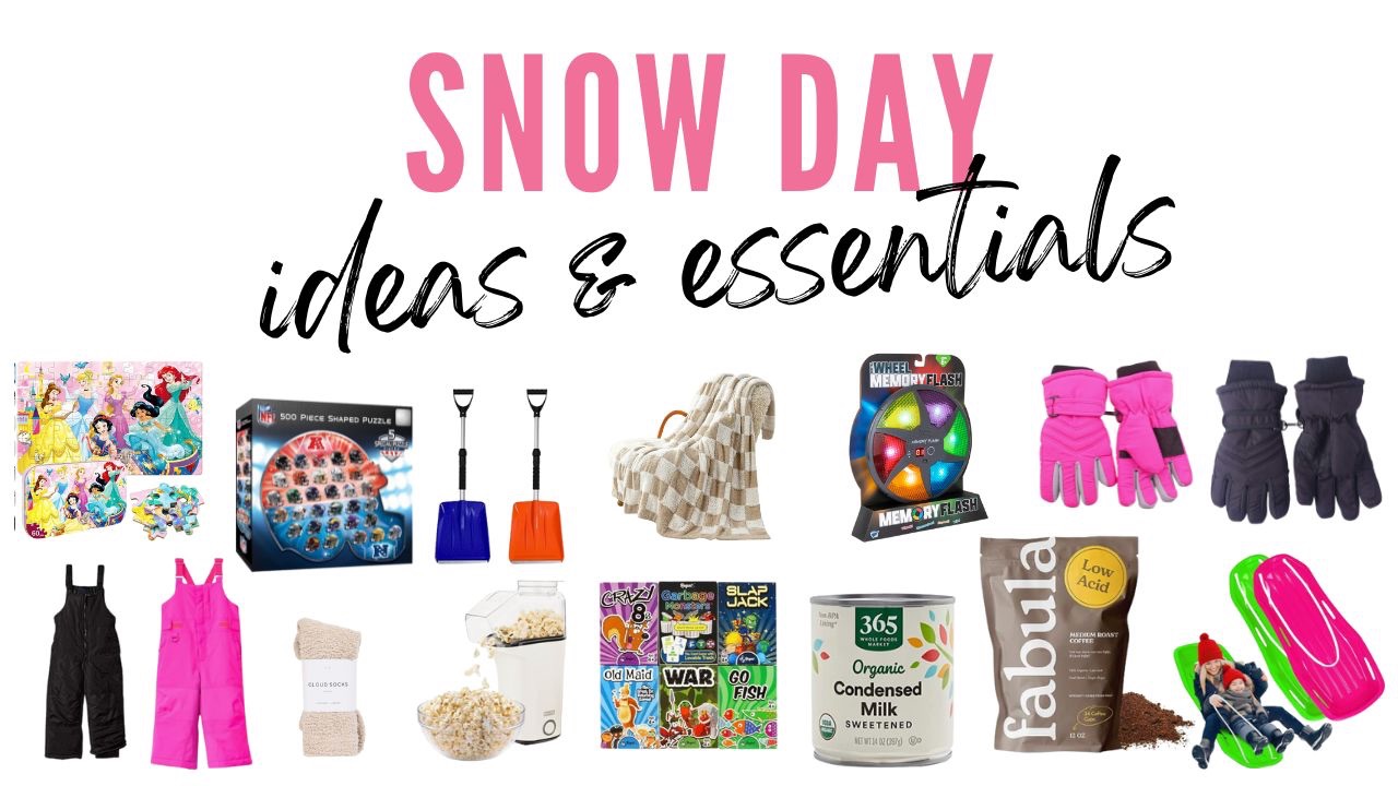 snow day essentials - gloves, kids snow bibs, puzzles, sleds, hot chocolate, shovels