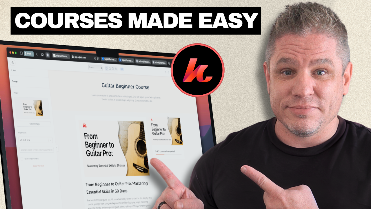 YouTube thumbnail showing how to create a course in Kajabi with red ‘Create Course’ button and tutorial walkthrough