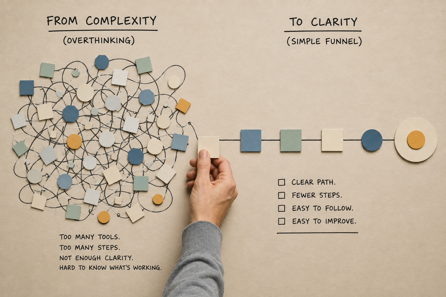 Sales funnel comparison showing a complicated path becoming a simpler and clearer customer journey