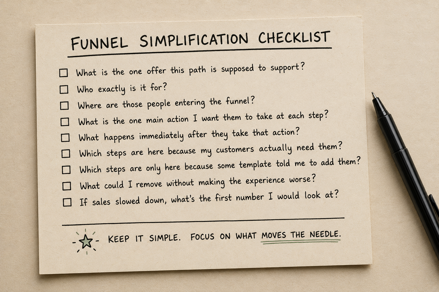 Sales funnel simplification checklist with questions for removing unnecessary steps