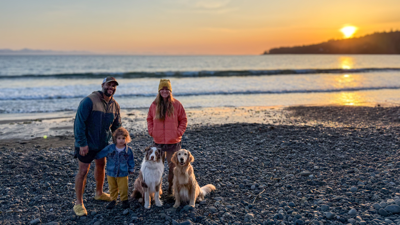 family with dogs sunset Vancouver Island