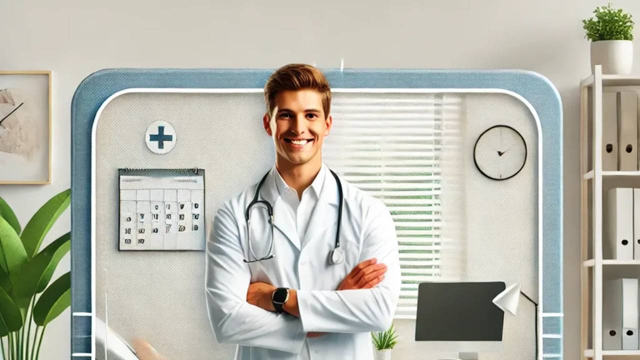 A confident healthcare professional standing in a bright and modern clinic environment, symbolizing balance and fulfillment in work and life. The background features subtle elements like a desk with a calendar and a family photo, emphasizing a professional yet approachable atmosphere
