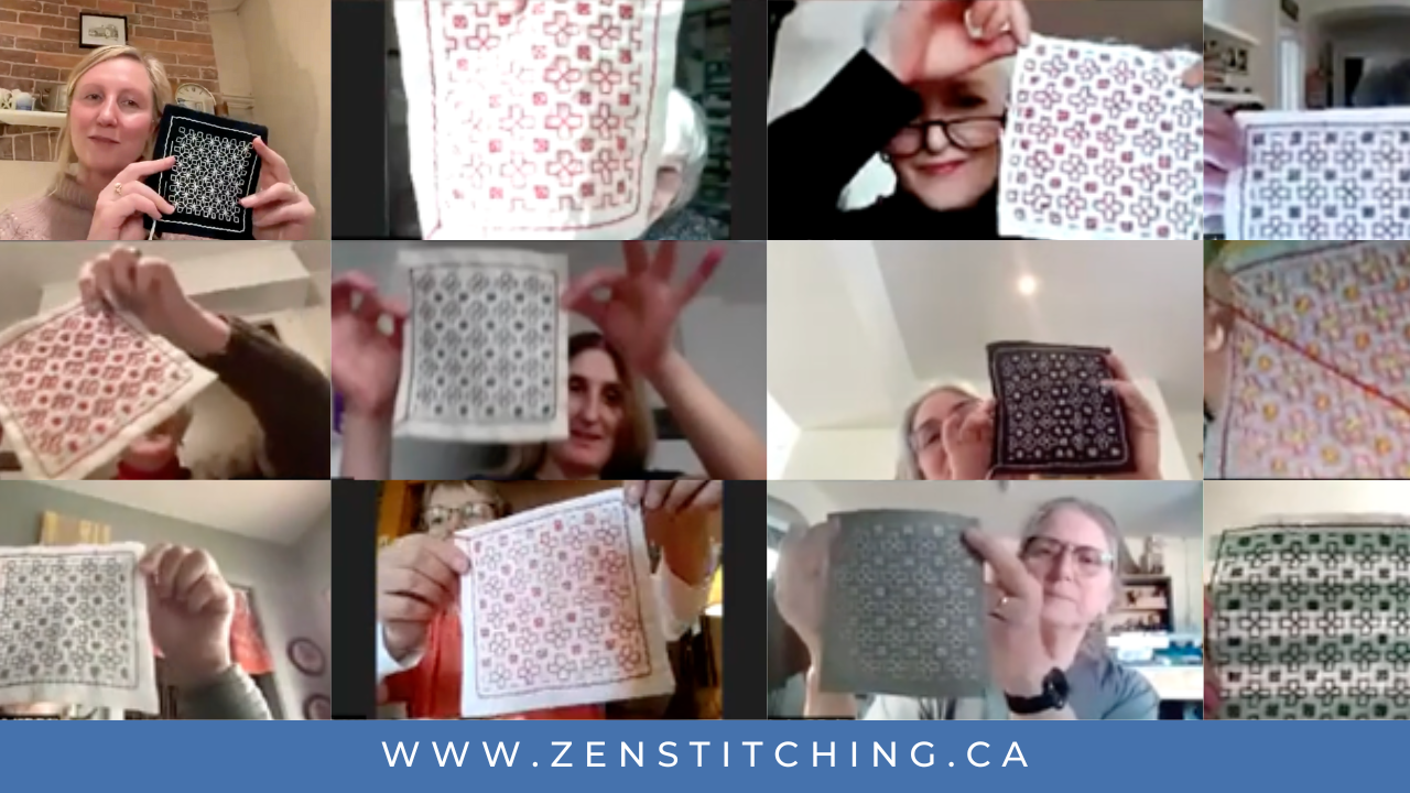 A group of ladies in a Zoom call hold up the finished hana fukin they have stitched during the Sashiko Stitch Challenge. The bottom reads 