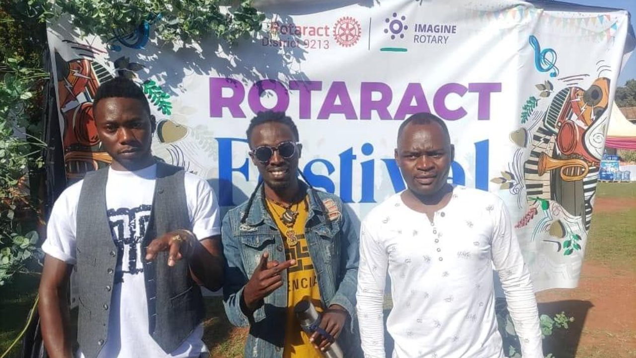 Senior Nakivale Rotoract members Seraphin Kighoma, Eric Mupika, and Patrick Issa at the Nakivale Refugee Settlement, Uganda, Africa