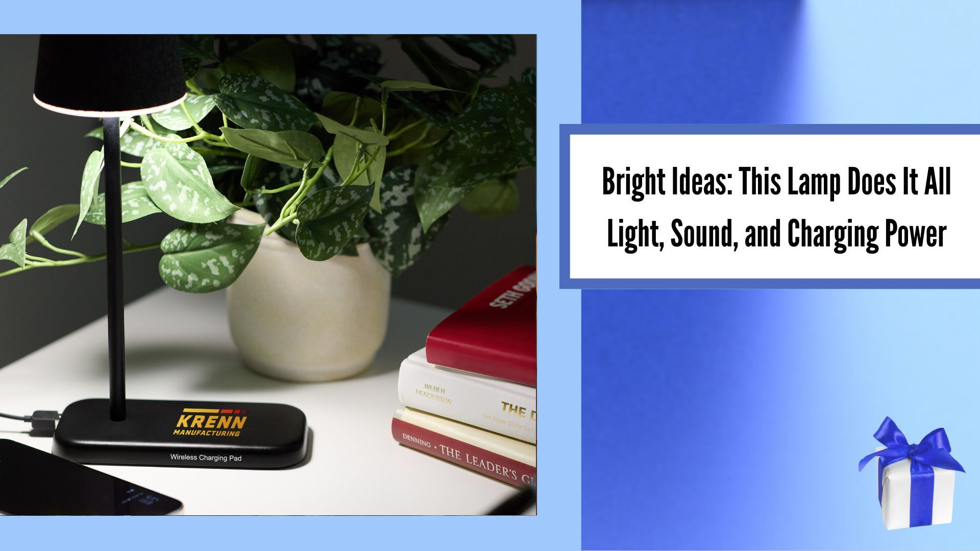 This Lamp Does It All - Light, Sound, and Charging Power, image of lamp on desk with a plant & some books, image of gift box in bottom right hand corner