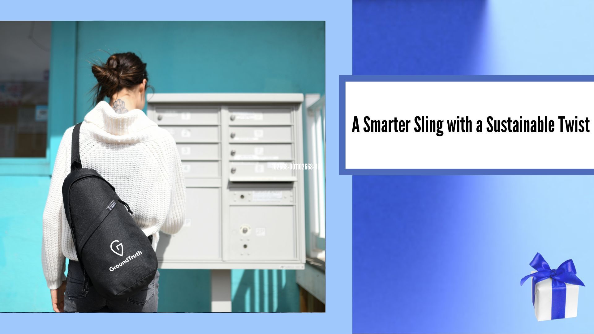 A Smarter Sling with a Sustainable Twist, image of a woman carrying sling over her shoulder, image of gift box in bottom right corner