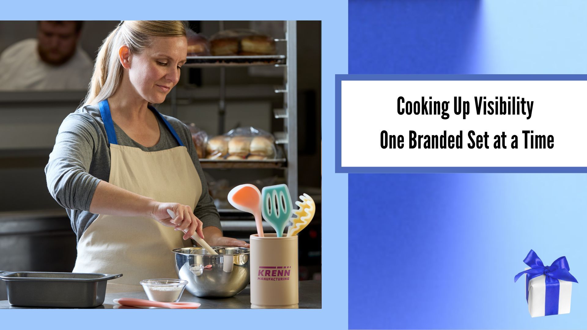 Cooking Up Visibility, One Branded Set at a Time, Image of woman cooking in her kitchen, image of gift box in bottom right corner