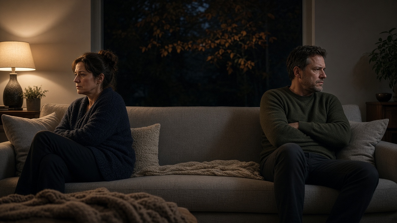 Couple sitting at opposite ends of a sofa in warm evening lamplight, looking away from each other in tense silence