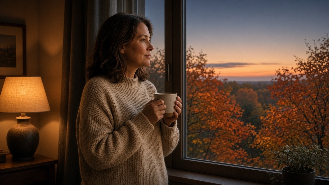 Woman in a cream knit jumper holding a mug of tea by a window as an autumn sunset fades over orange trees