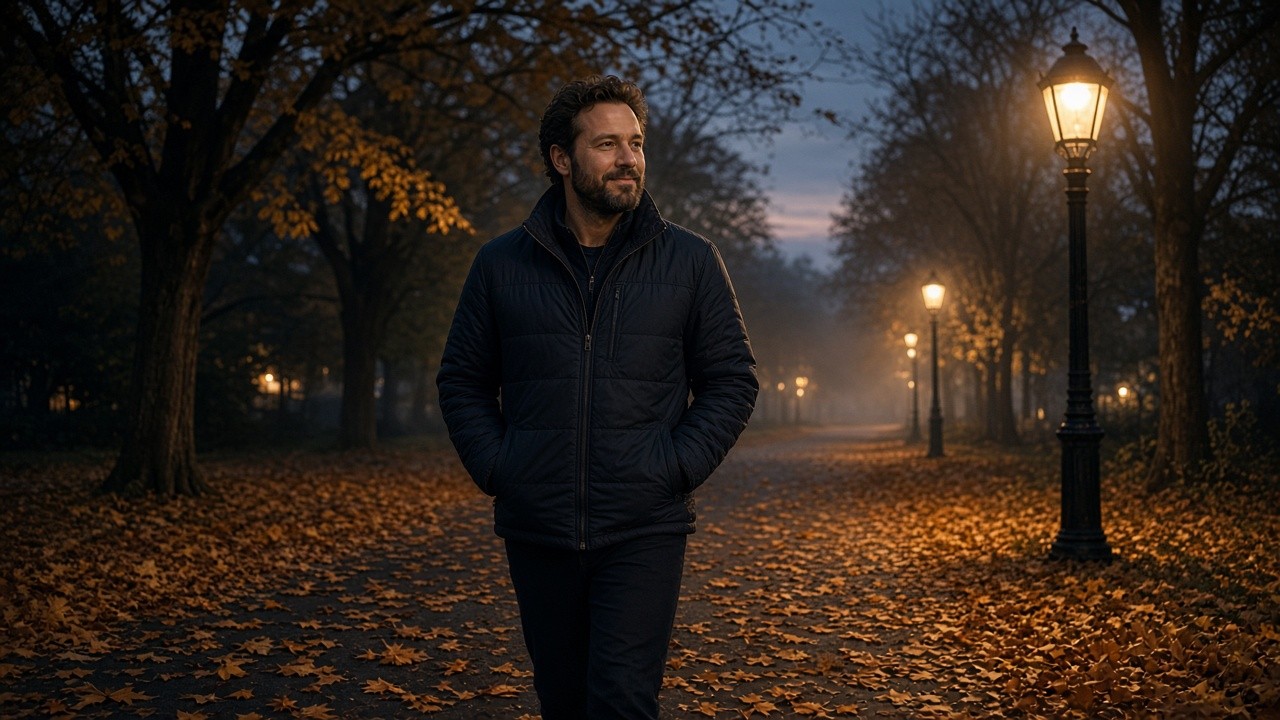 Smiling man taking a brisk evening walk along a leaf covered park path lit by glowing street lamps
