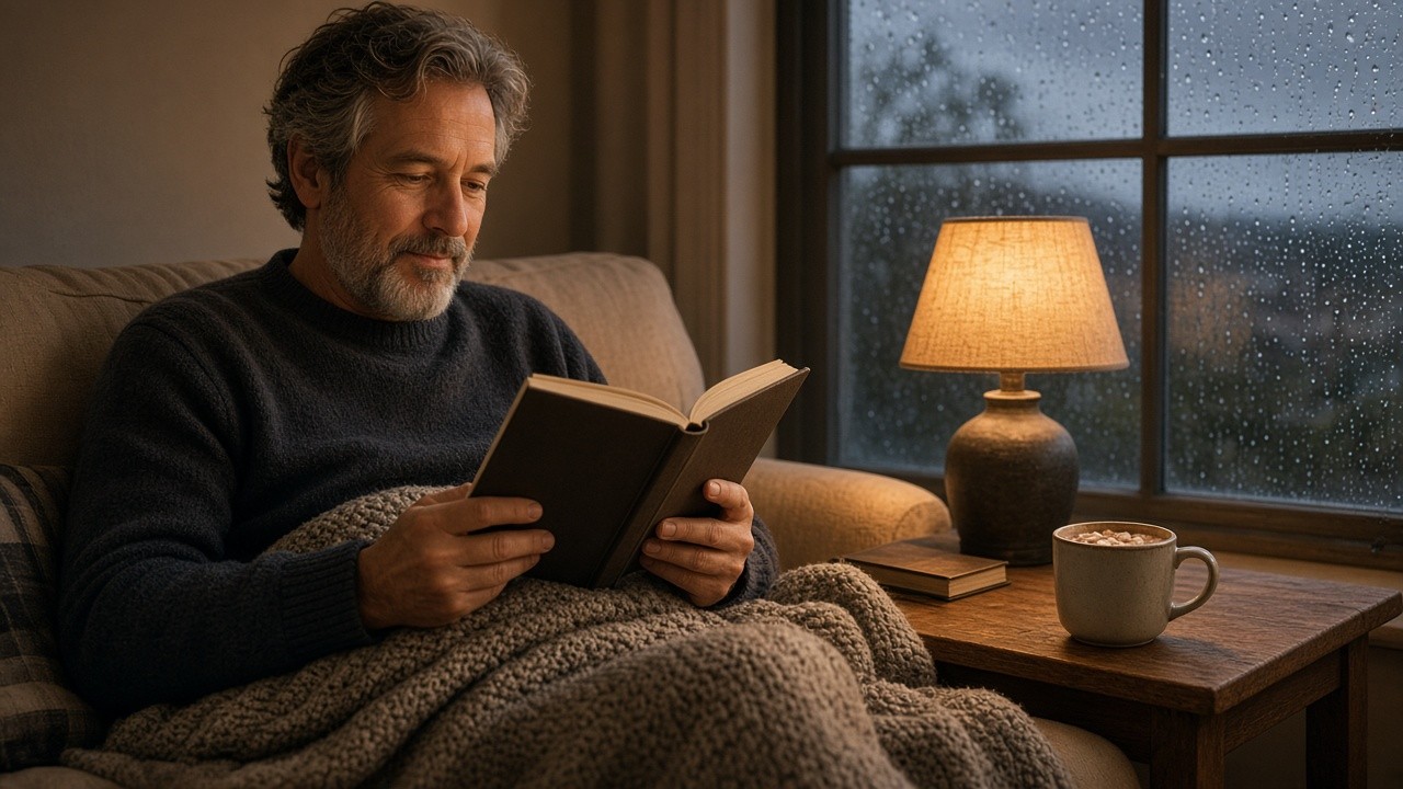 Relaxed grey haired man reading a book under a knitted blanket with a mug of cocoa beside a rainy window