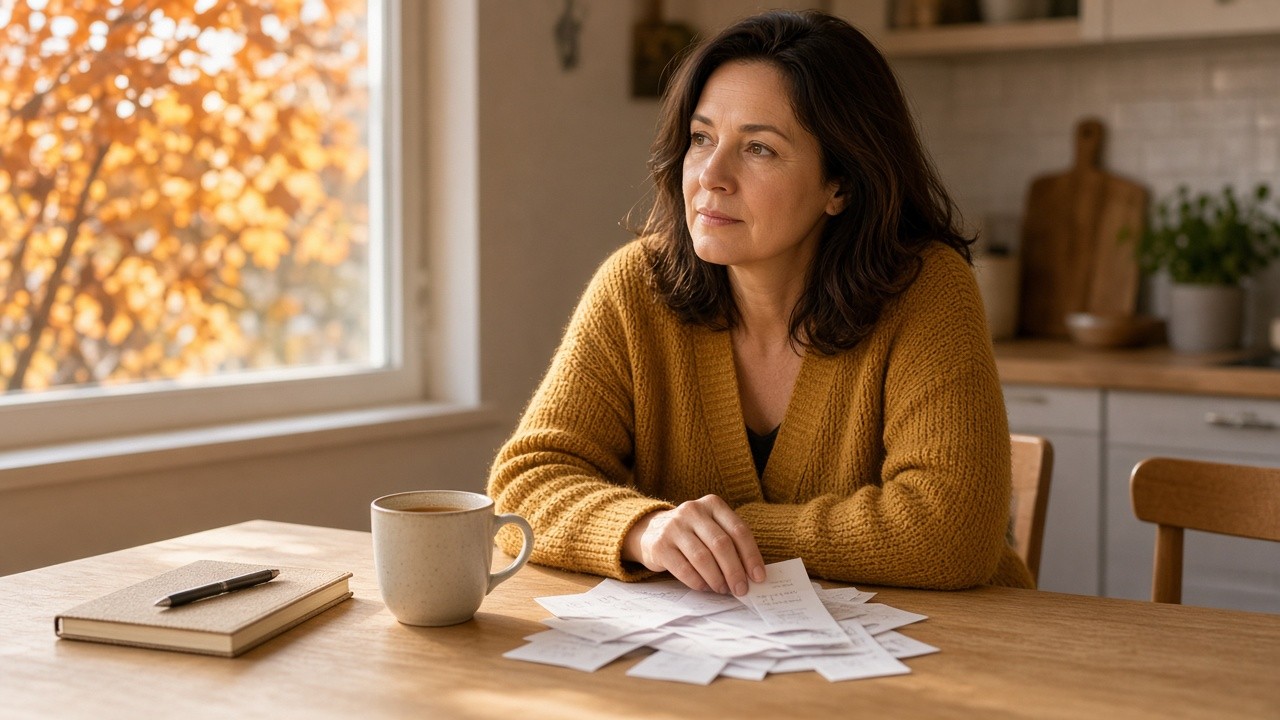 Woman in a mustard cardigan at a kitchen table looking over a pile of receipts beside a mug of tea in autumn light