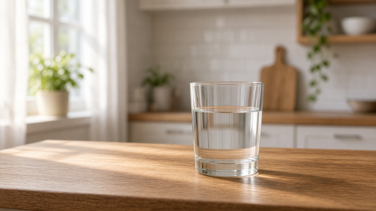 Clear glass of water on a sunlit wooden kitchen table symbolising healthy family choices