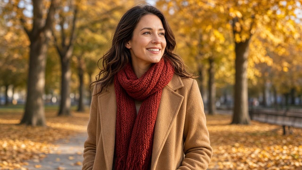Smiling woman in a red knitted scarf and camel coat walking through a sunny park full of golden autumn leaves