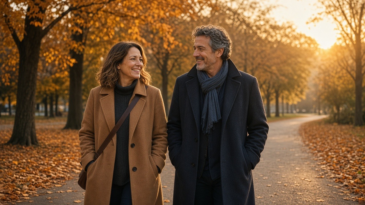 Smiling couple walking side by side on a quiet autumn path at soft sunrise light among golden trees