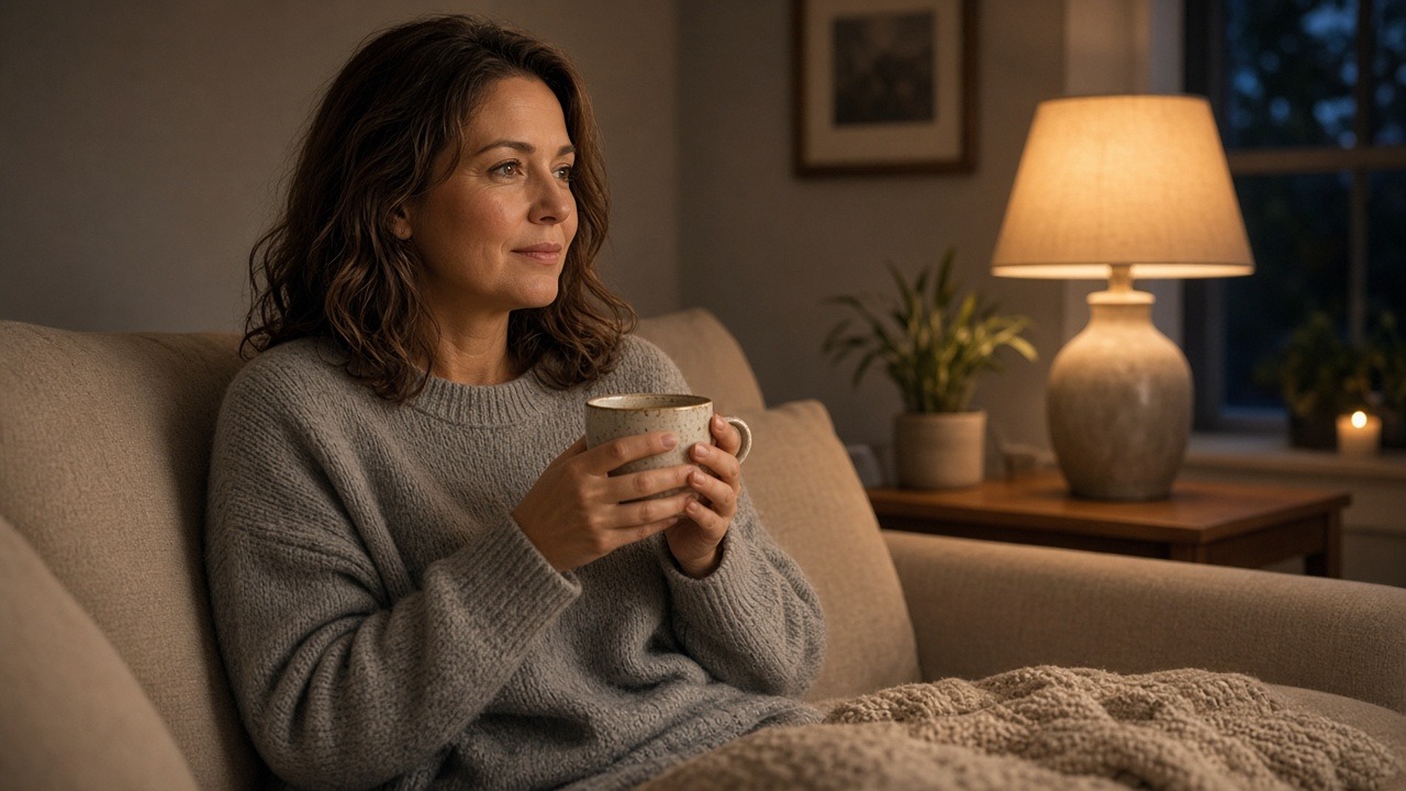 Woman in a soft grey jumper sitting on a sofa with a mug of tea looking thoughtful in warm evening lamplight