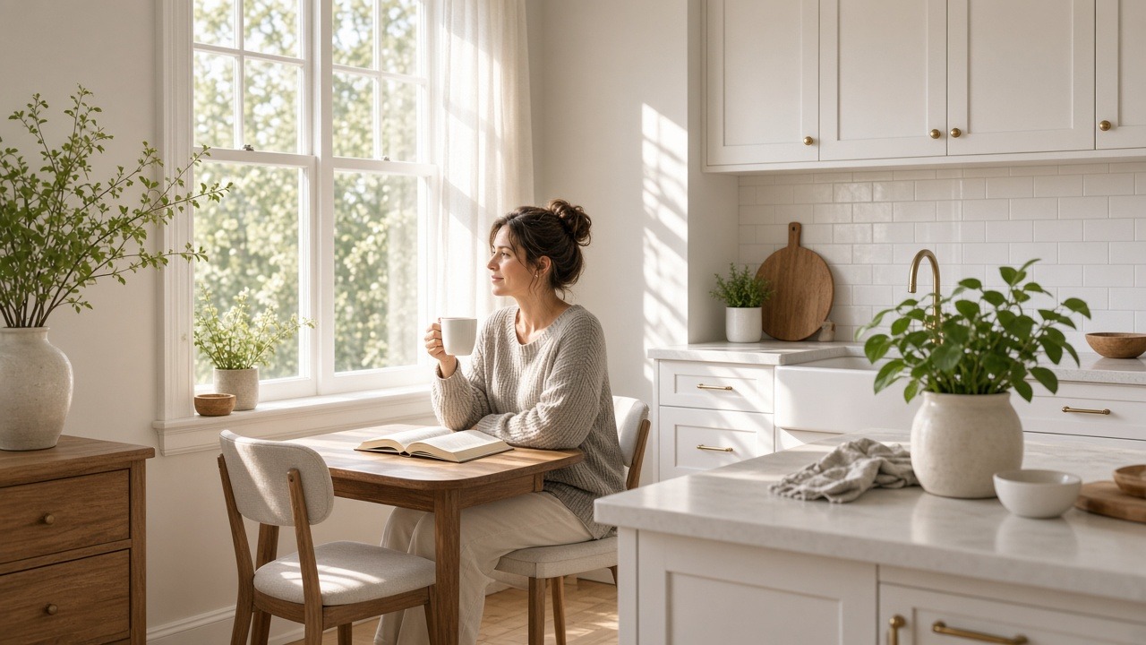 Calm Saturday morning, adult enjoying coffee by a sunny kitchen window with an open book, alcohol free