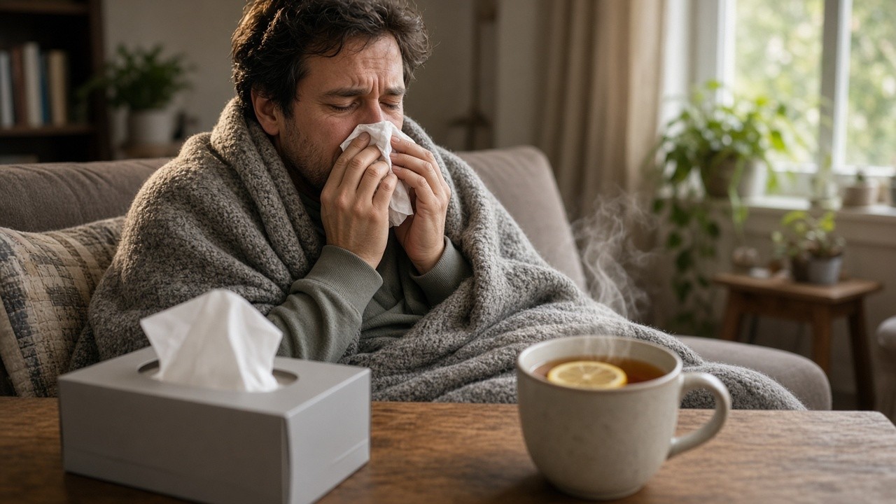 Man wrapped in a grey wool blanket on a sofa blowing his nose beside a tissue box and a mug of lemon tea