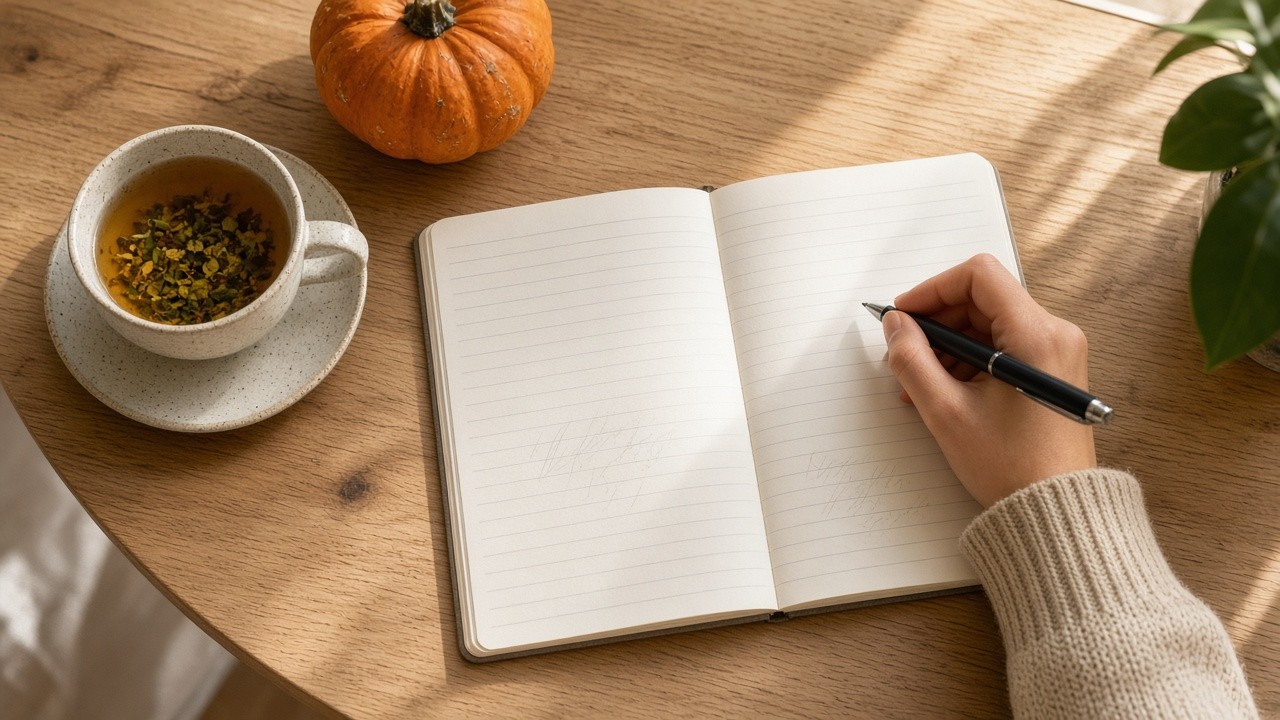 Hand writing in an open notebook beside a cup of herbal tea and a small pumpkin on an oak table