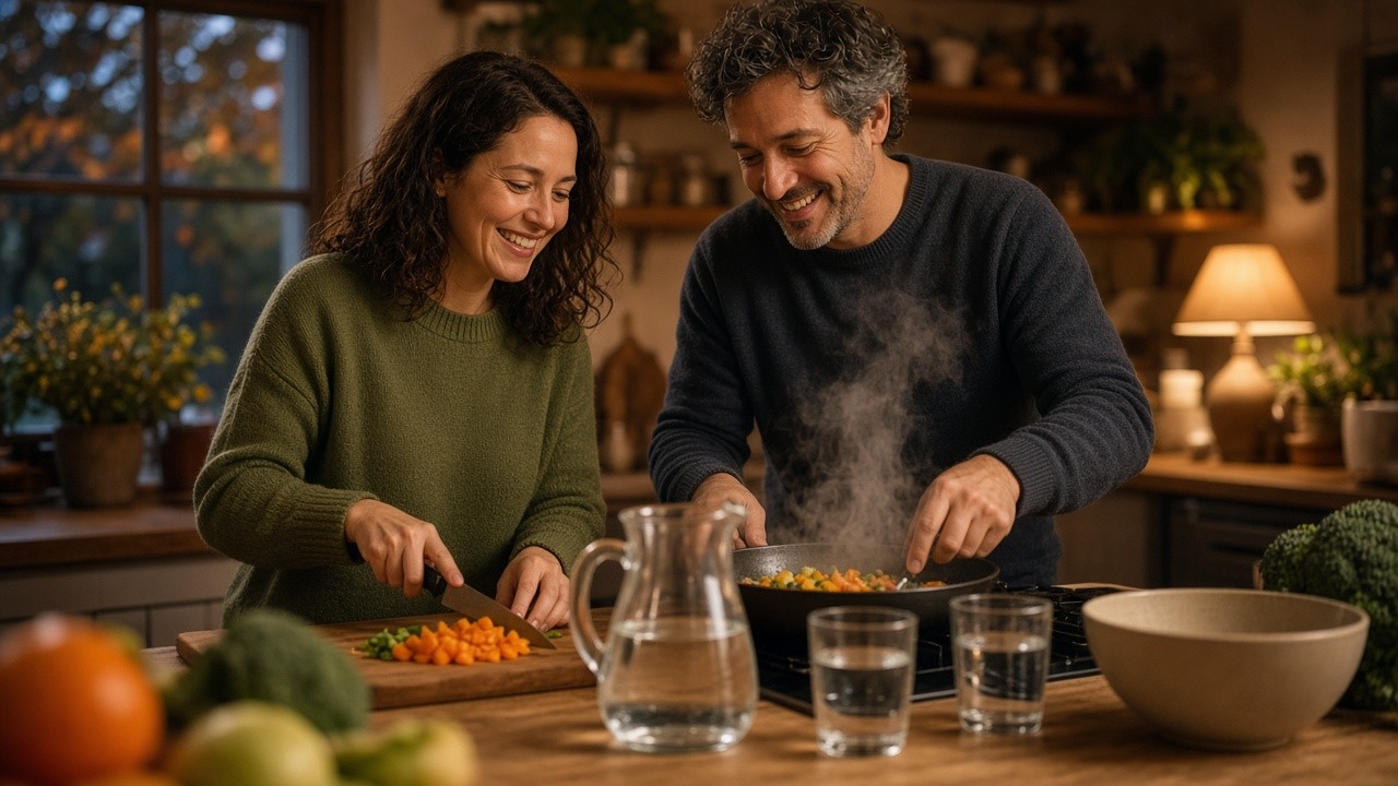 Smiling couple cooking a vegetable stir fry together in a cosy kitchen with a jug of water on the counter