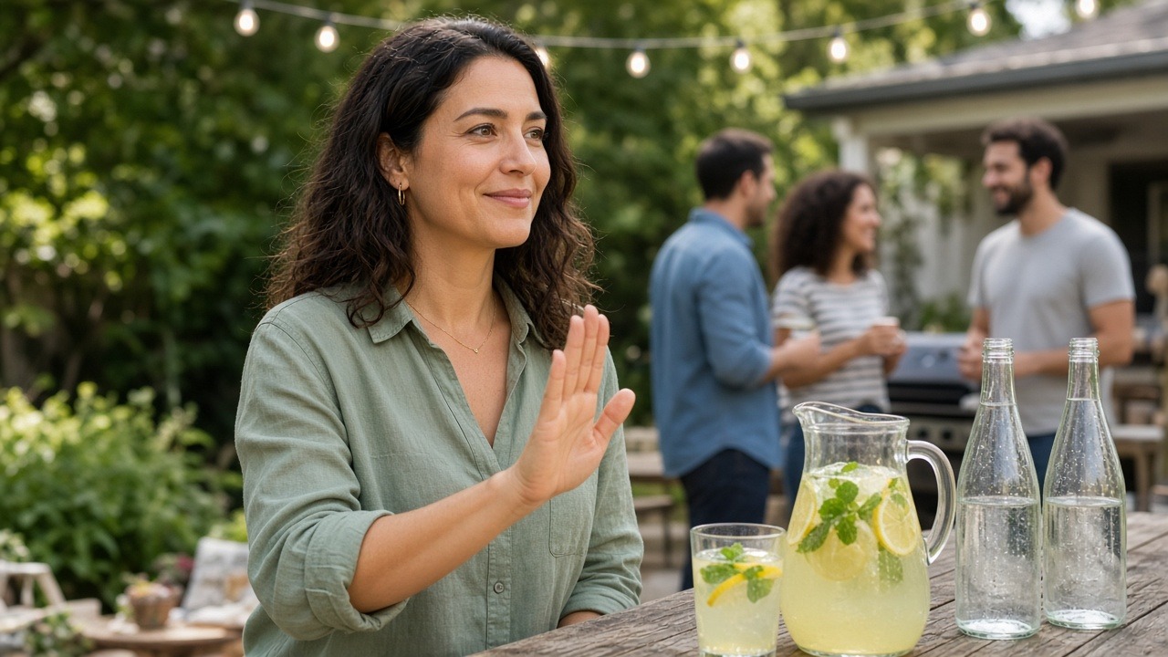 Adult politely declining a drink at a sunny backyard barbecue with lemonade pitcher, no alcohol visible