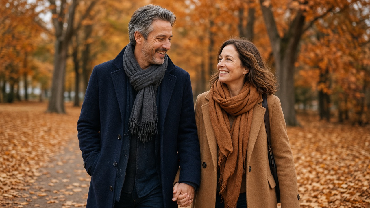 Smiling couple walking hand in hand along an autumn park path covered in golden leaves in soft daylight