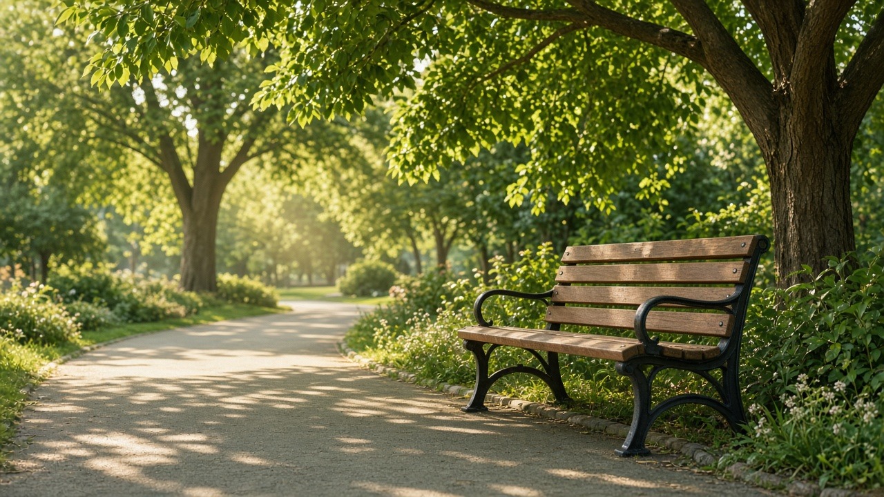 Empty park bench under trees on a sunny path representing calm alcohol free family time
