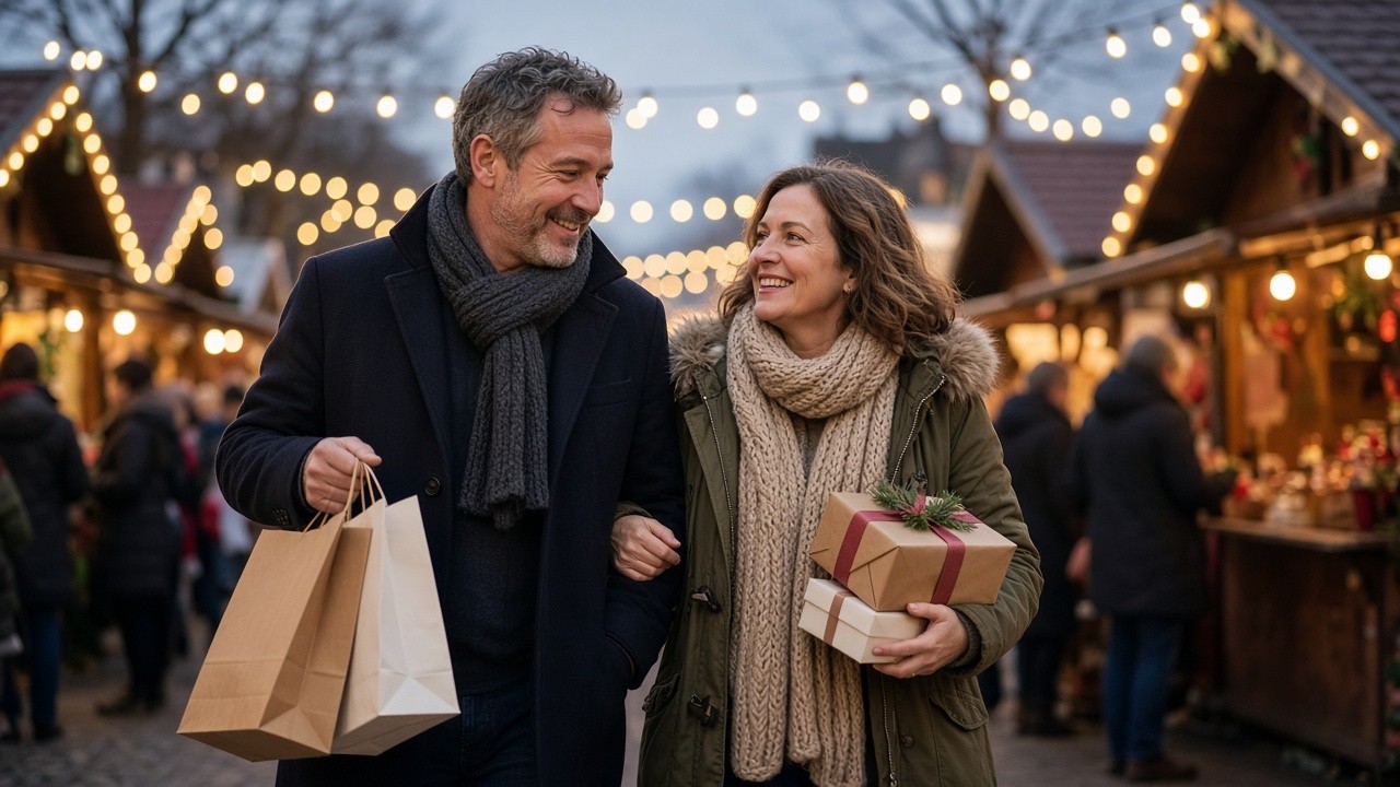 Smiling couple in winter coats walking arm in arm through a Christmas market at dusk carrying shopping bags and wrapped gifts