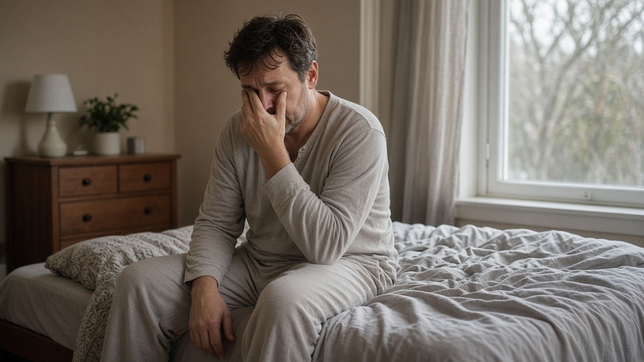 Tired middle aged man in grey pyjamas sitting on the edge of a bed by a window rubbing his eyes in soft morning light