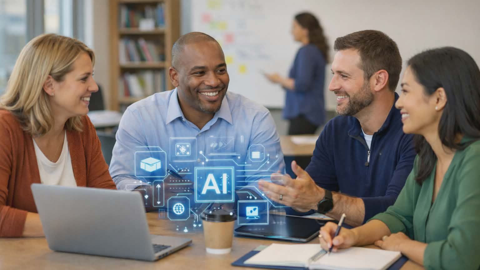A diverse group of four colleagues are smiling and discussing AI at a table with laptops and notebooks. Holographic AI icons float above the table.