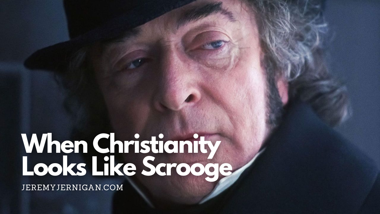 A close-up image of Ebenezer Scrooge used as a blog header, illustrating how A Christmas Carol critiques joyless, rigid faith and challenges modern Christianity.