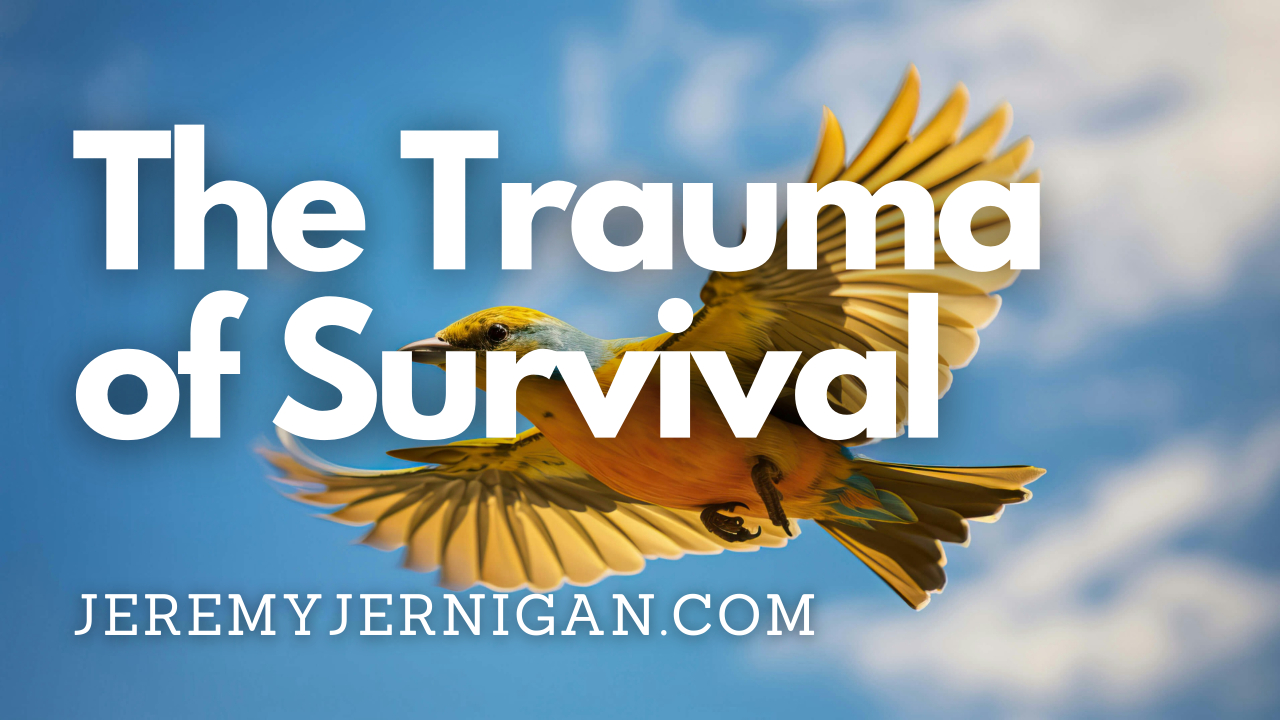 A colorful bird in full flight against a bright blue sky, wings fully extended, with the text "The Trauma of Survival" and "JeremyJernigan.com" overlaid.