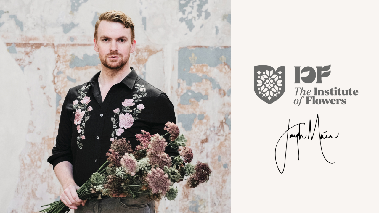 Floral designer Joseph Massie with bouquet, featured alongside The Institute of Flowers branding for new floristry education partnership in Ireland
