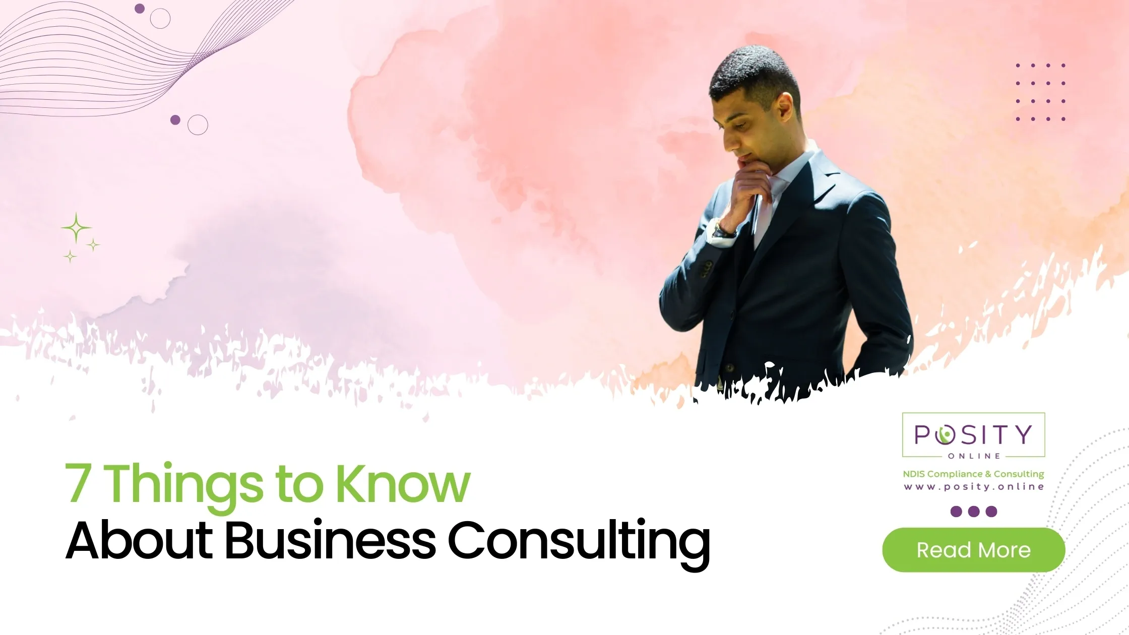 Blog post thumbnail with Faz, presenting seven important aspects of business consulting for Posity Online.