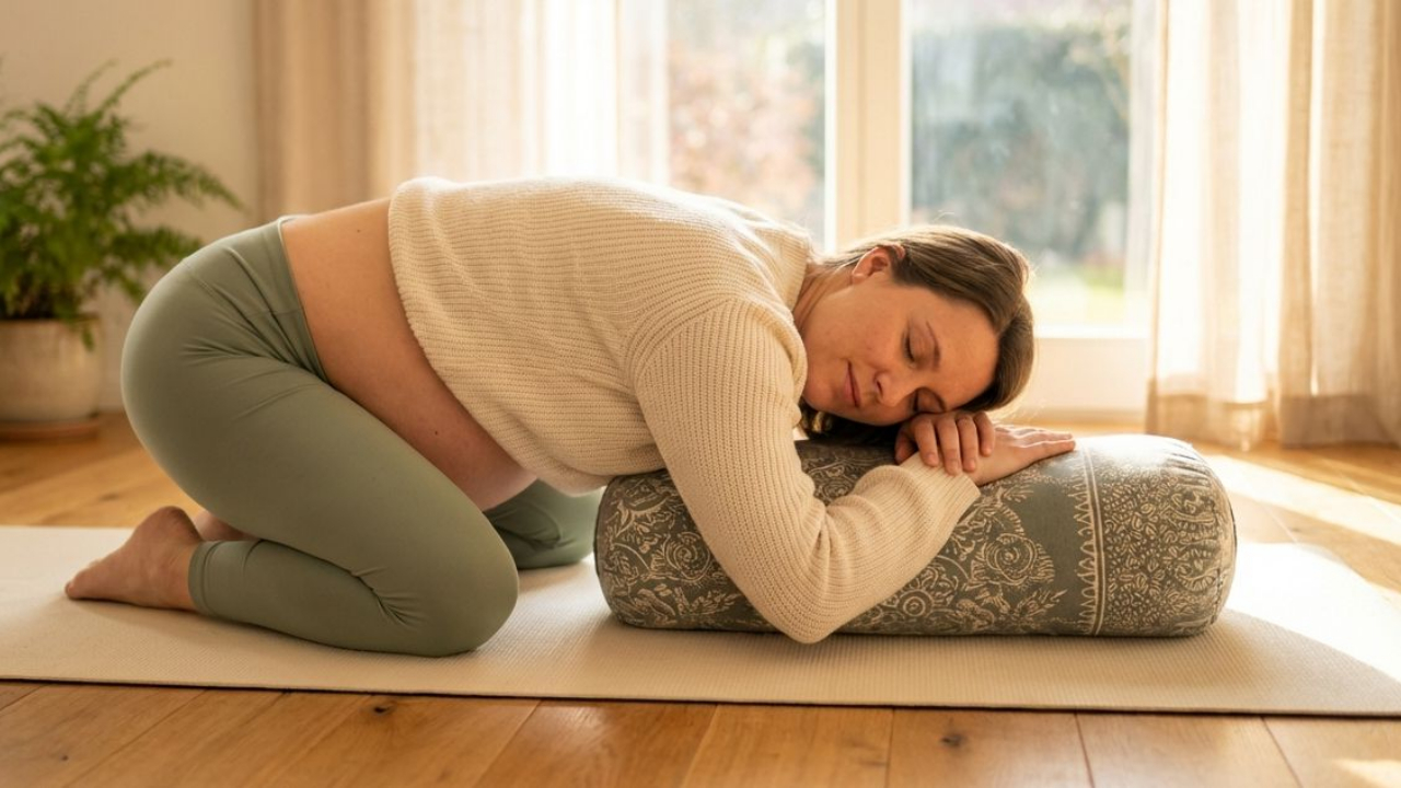 Pregnant woman in second trimester practising gentle supported yoga poses to ease pelvic girdle pain on a cream yoga mat in a sunlit living room