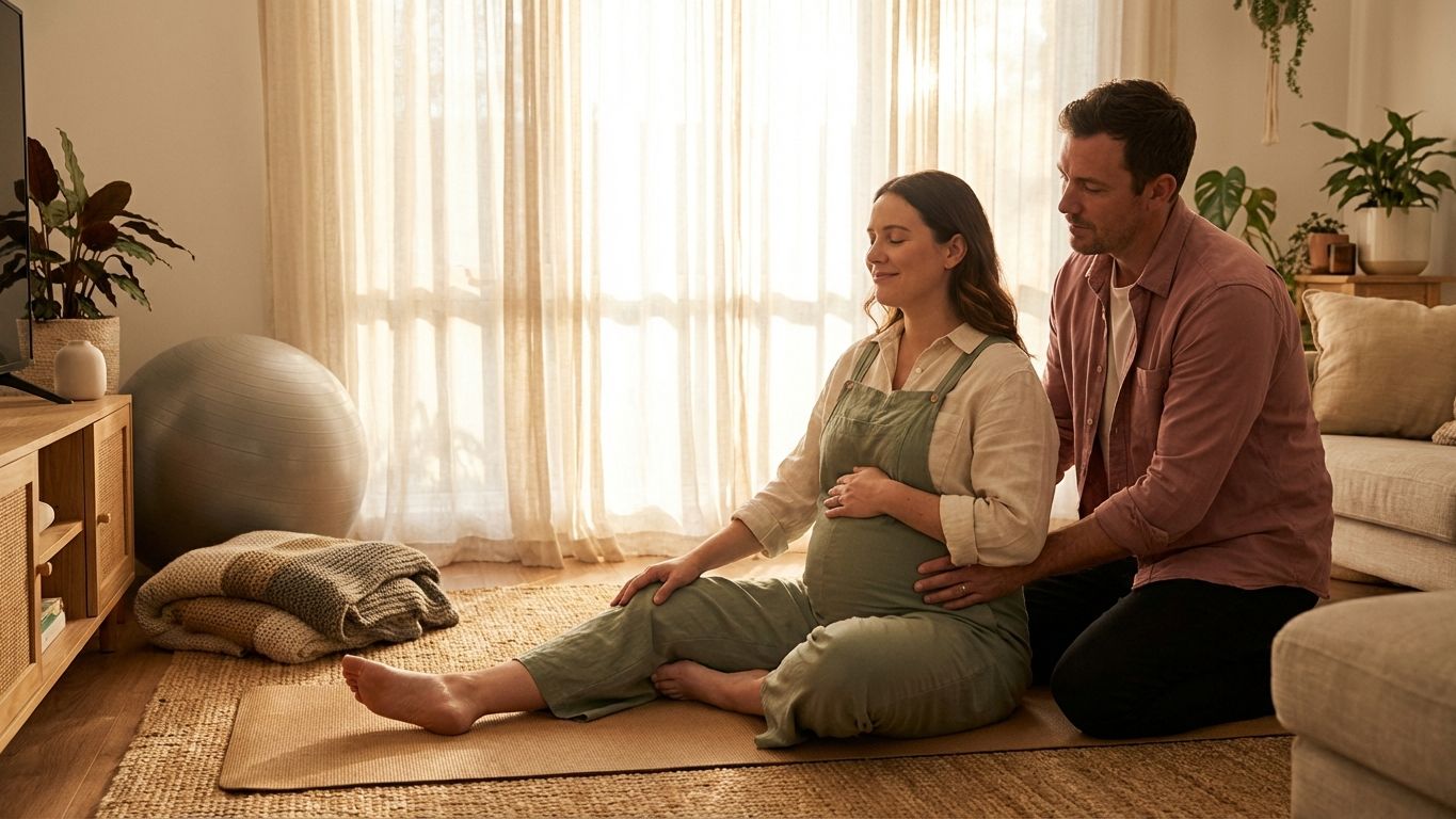 Pregnant woman in her third trimester sitting on a yoga mat in a warm sunlit room, practising breathing exercises with her partner beside her, preparing for labour