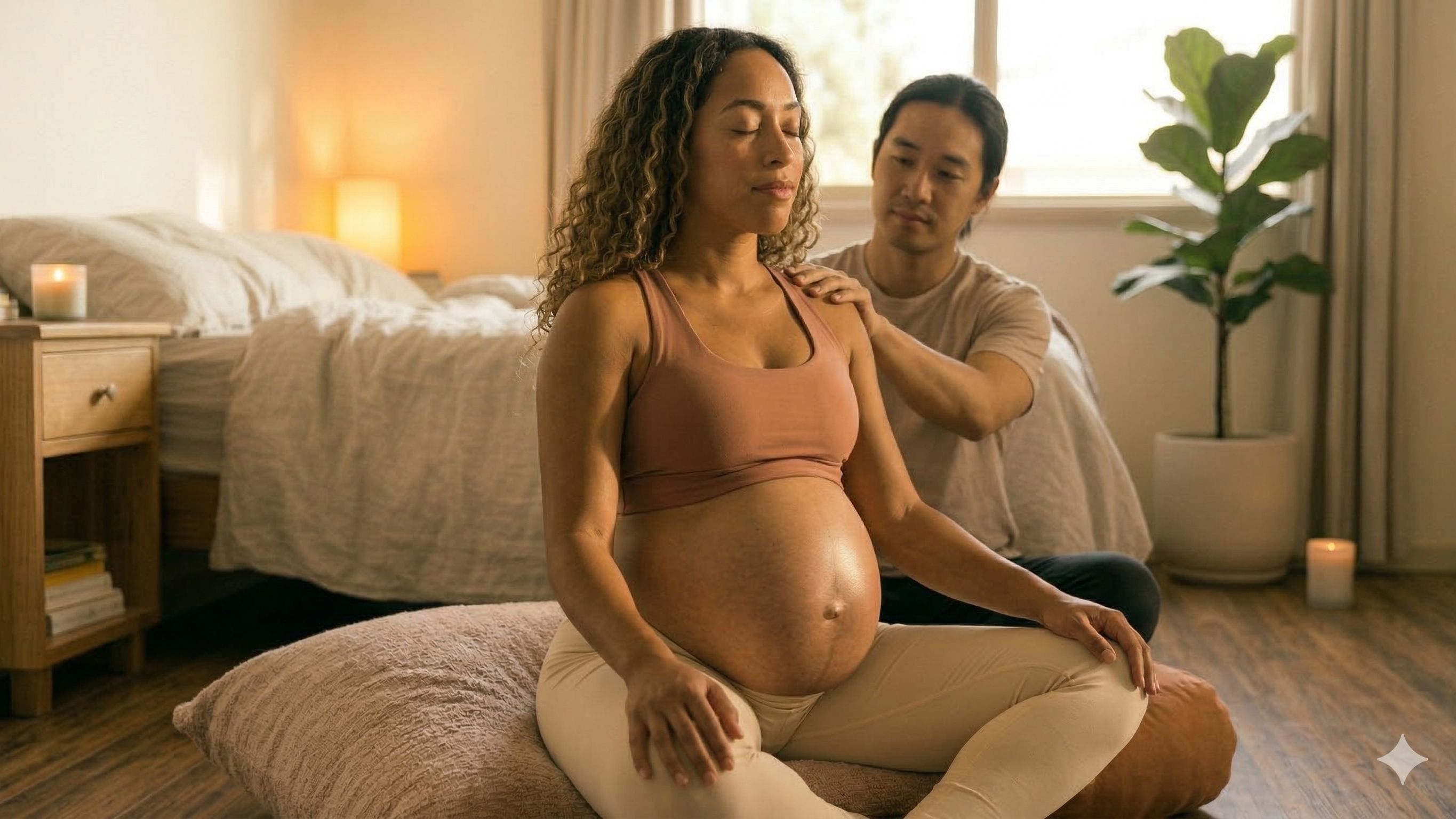 A pregnant woman in her third trimester practising yoga breathing techniques to prepare for labour contractions, seated peacefully in a warm home.