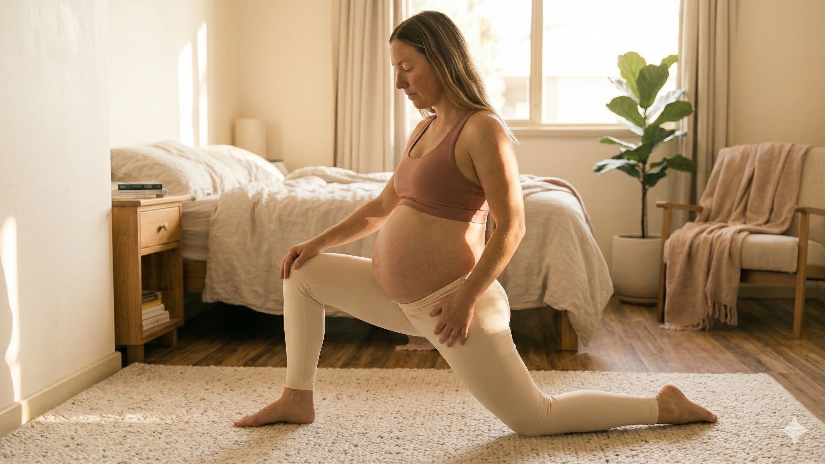 A pregnant woman practising a gentle yoga hip stretch to ease round ligament pain during pregnancy, in a warm sunlit home setting.