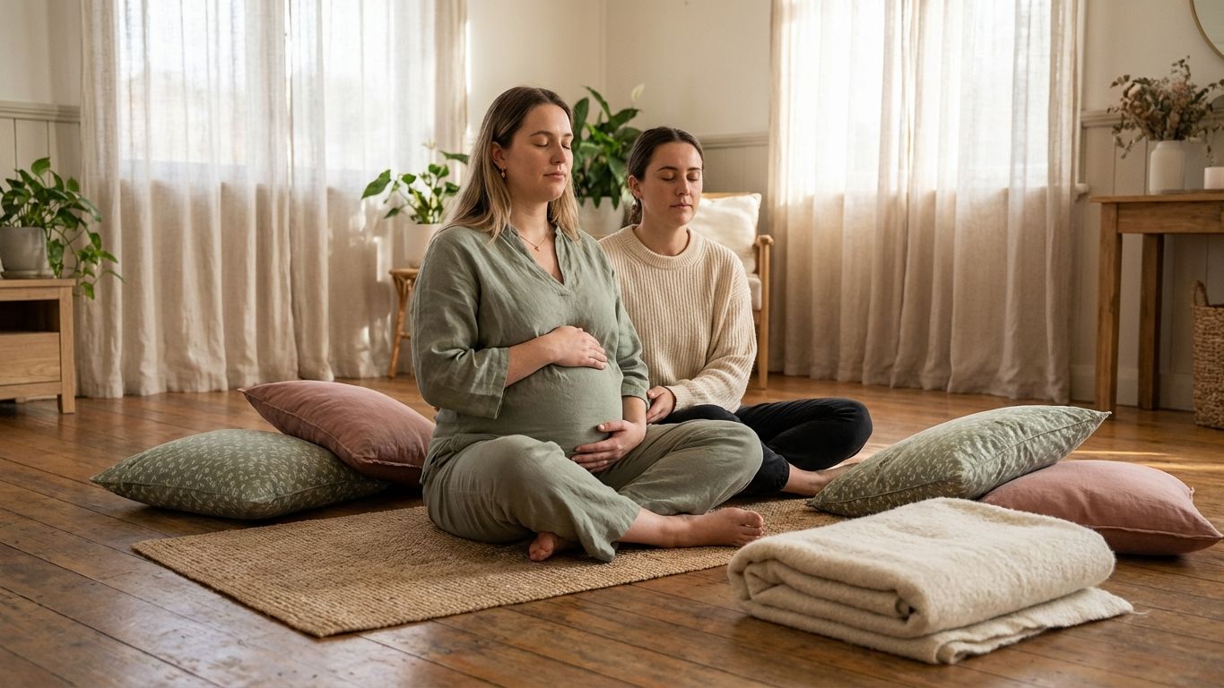 Pregnant woman sitting with her support person on yoga mats in a calm community hall, breathing together, hands resting gently — fear of giving birth addressed through breath and connection.