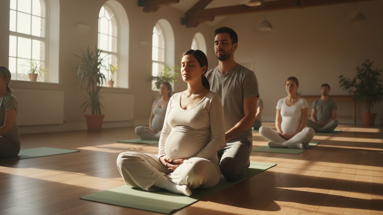 Pregnant couple practising birth preparation techniques together in a warm, sunlit workshop setting