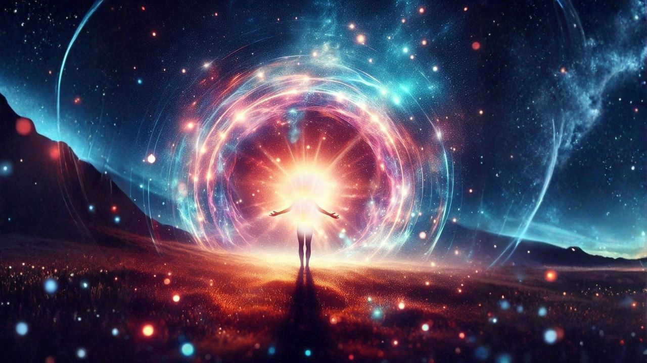 Jason Donaldson trauma healing of a woman standing in a field feeling empowered, safe, and full of vibrant light emanating out in all directions.