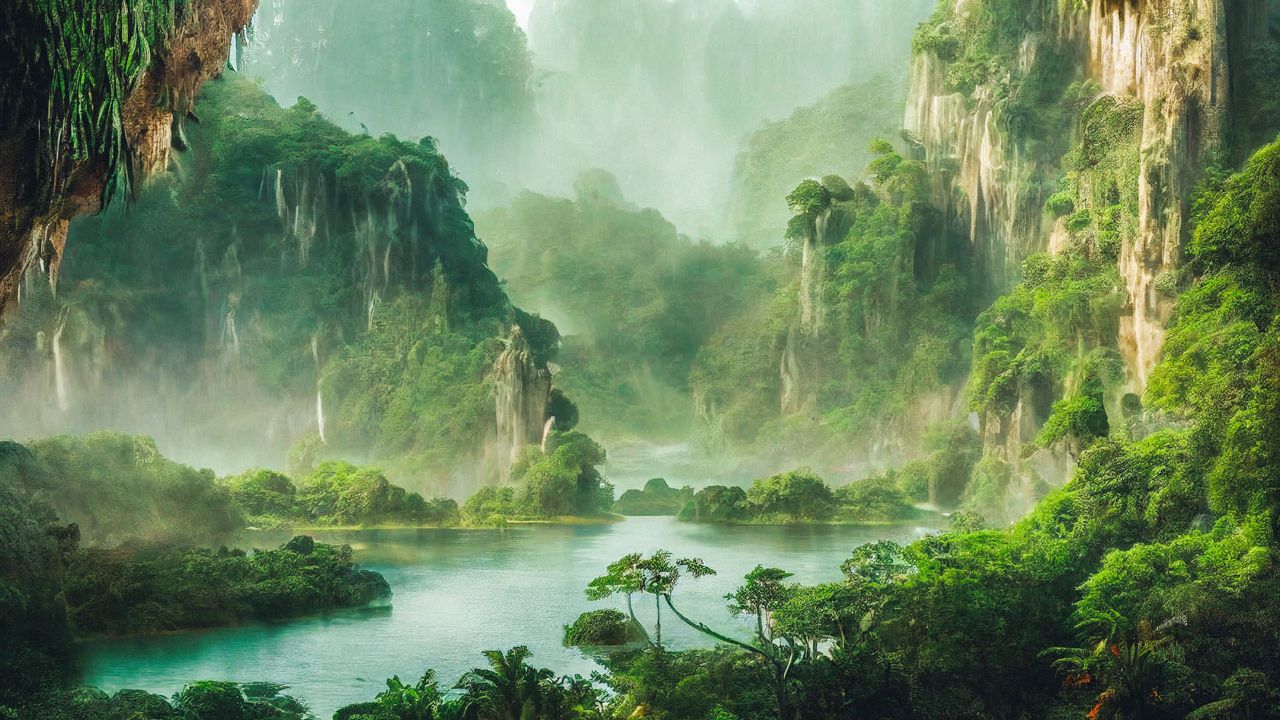 Calm yet active jungle scene with mystical energy and water