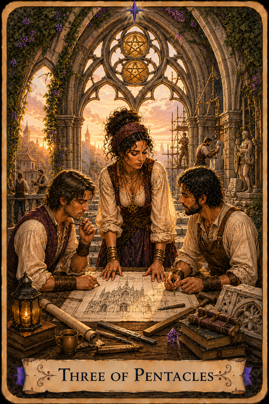 Three of Pentacles Tarot card from the Unconquered Heart Tarot. Full description below.