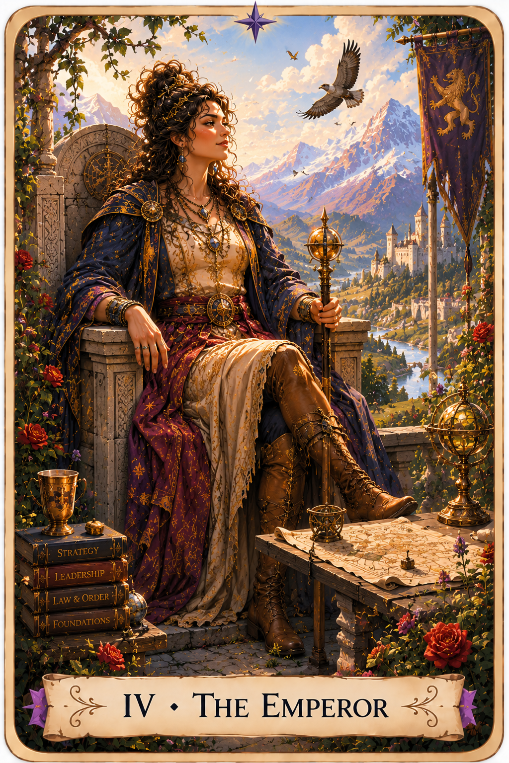 The Emperor Tarot card from the Unconquered Heart Tarot. Full description below.