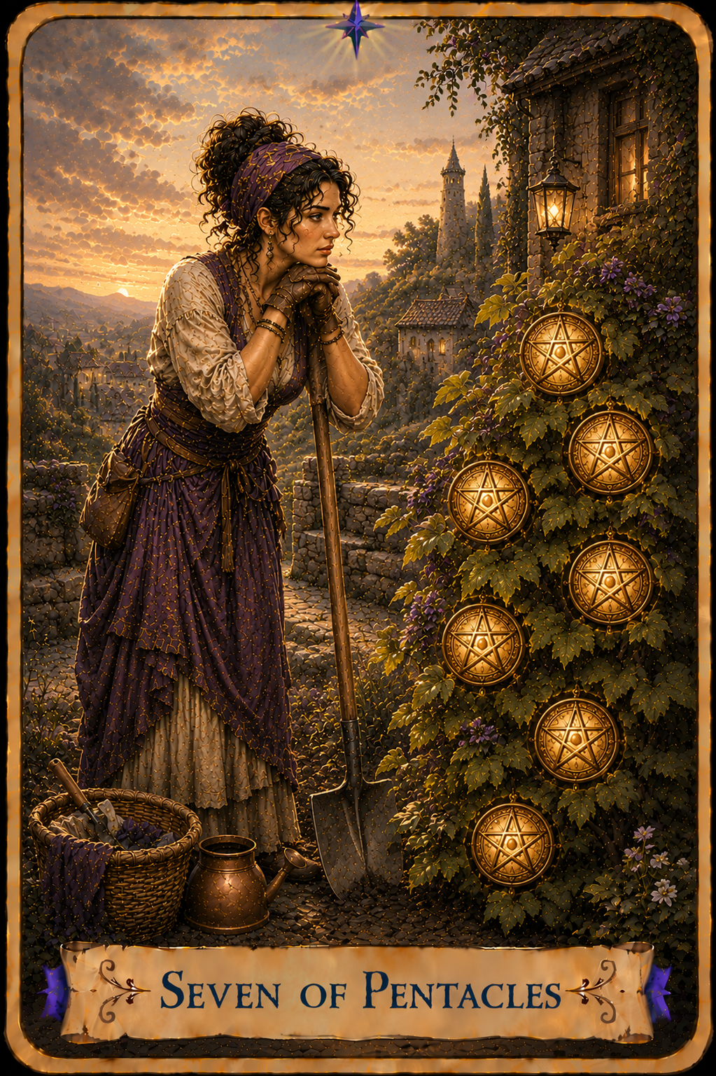Seven of Pentacles Tarot card from the Unconquered Heart Tarot. Full description below.
