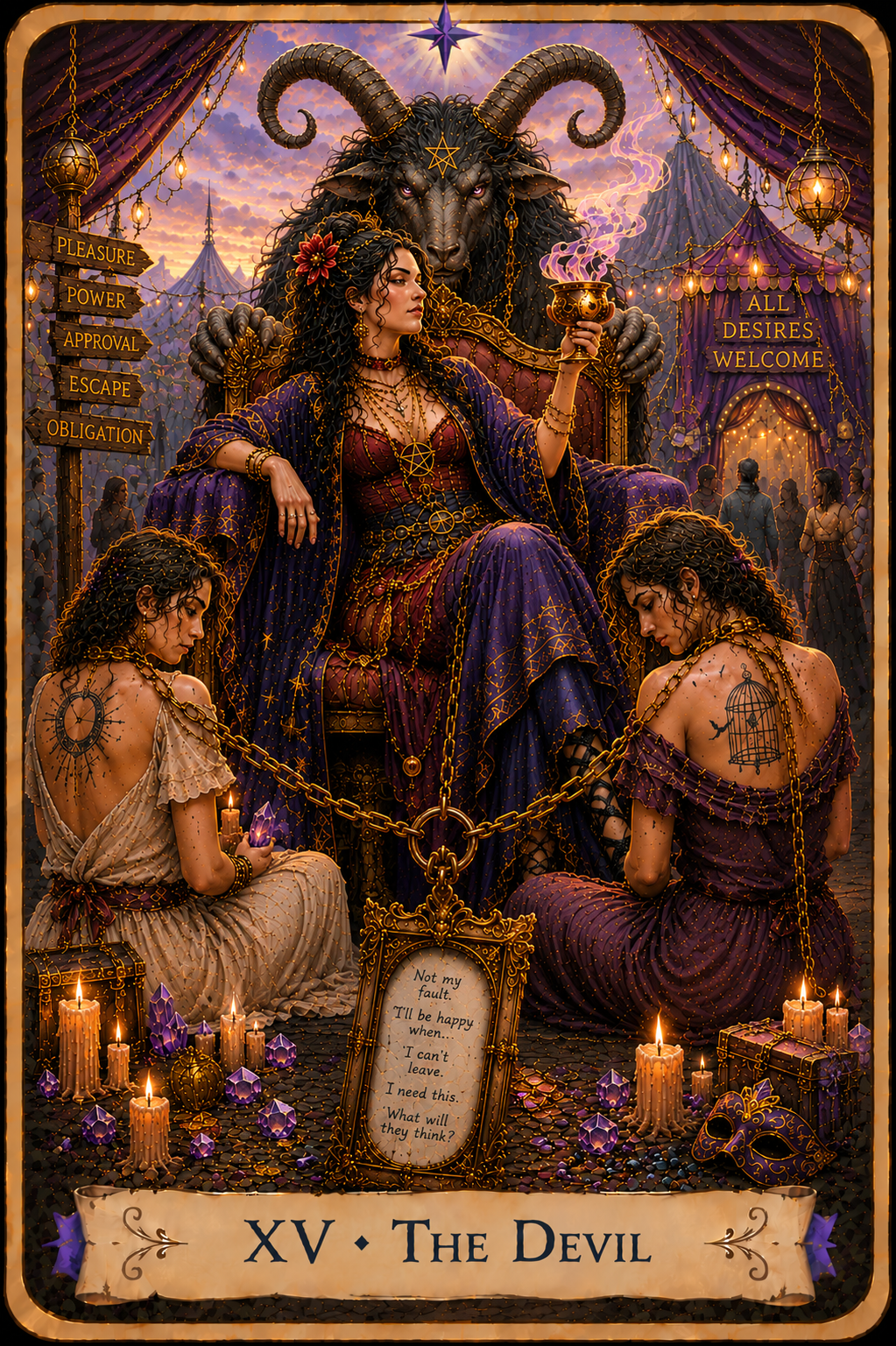  The Devil Tarot card from the Unconquered Heart Tarot. Full description below.