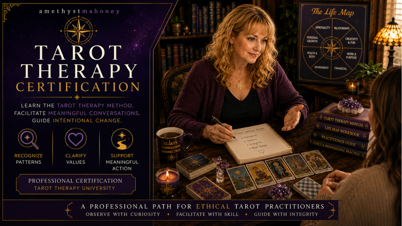 Tarot Therapy Certification Course. A Woman sits at a desk with Tarot cards in front of her. Follow this image to learn more about the Tarot Therapy Certification program.