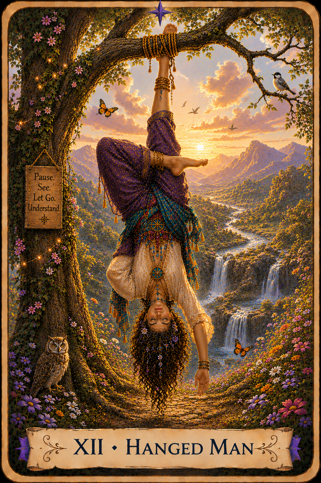  The Hanged Man Tarot card from the Unconquered Heart Tarot. Full description below.